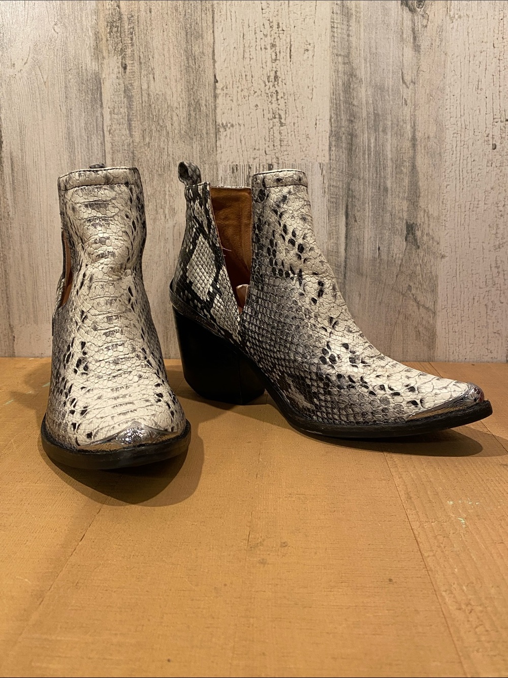 Jeffrey Campbell White and Black Snake-Print Cutout Ankle Boots